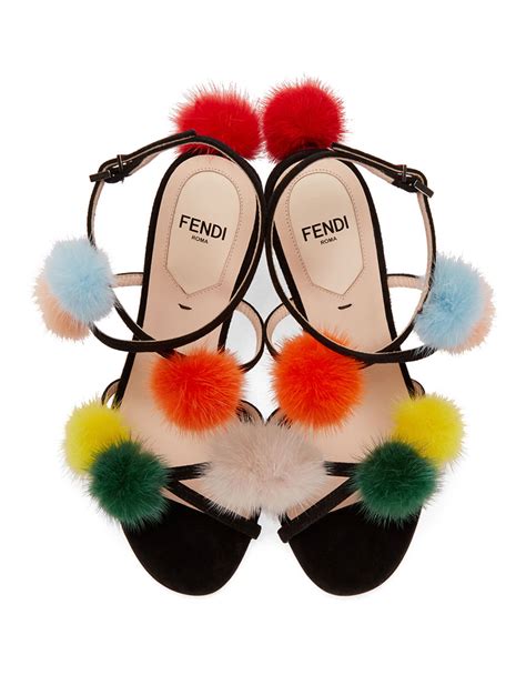 Fendi: Black Fur Pom Pom Sandals 